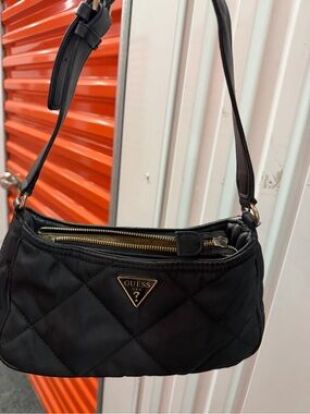 GUESS Black Quilted Shoulder Bag with Gold-Tone Logo